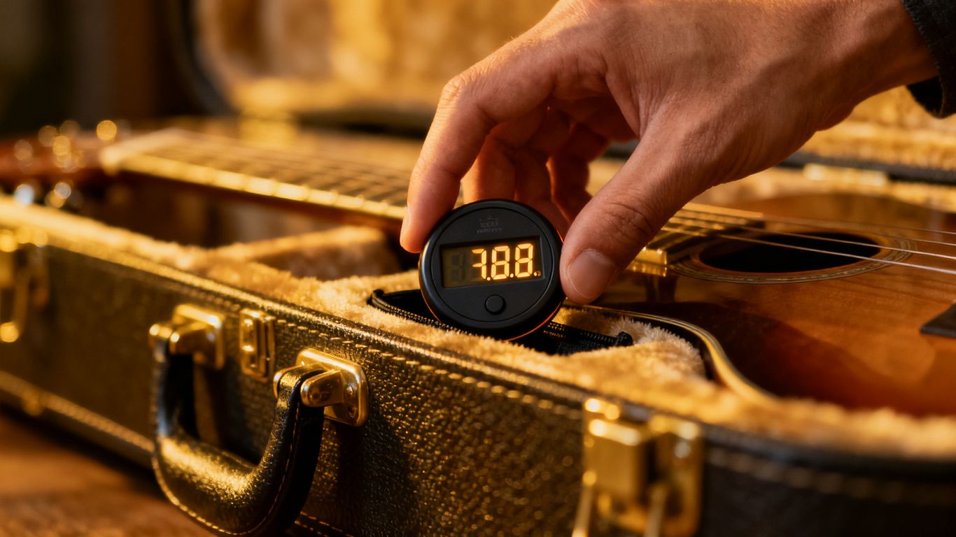 A hand placing a digital monitor inside a guitar case.