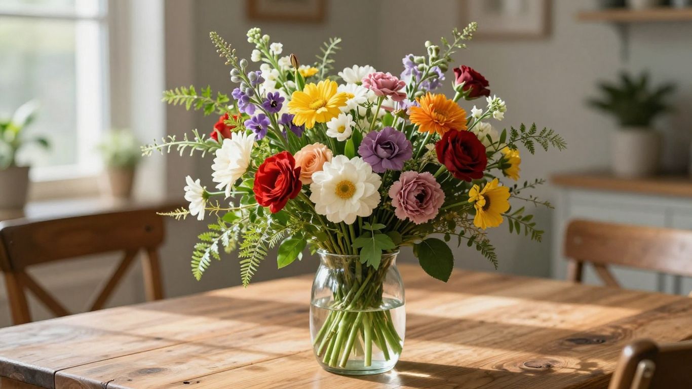 Colorful fresh flower bouquet in glass vase