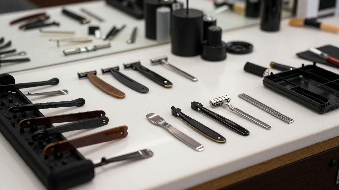 Barber tools and razor blade packs on a countertop.
