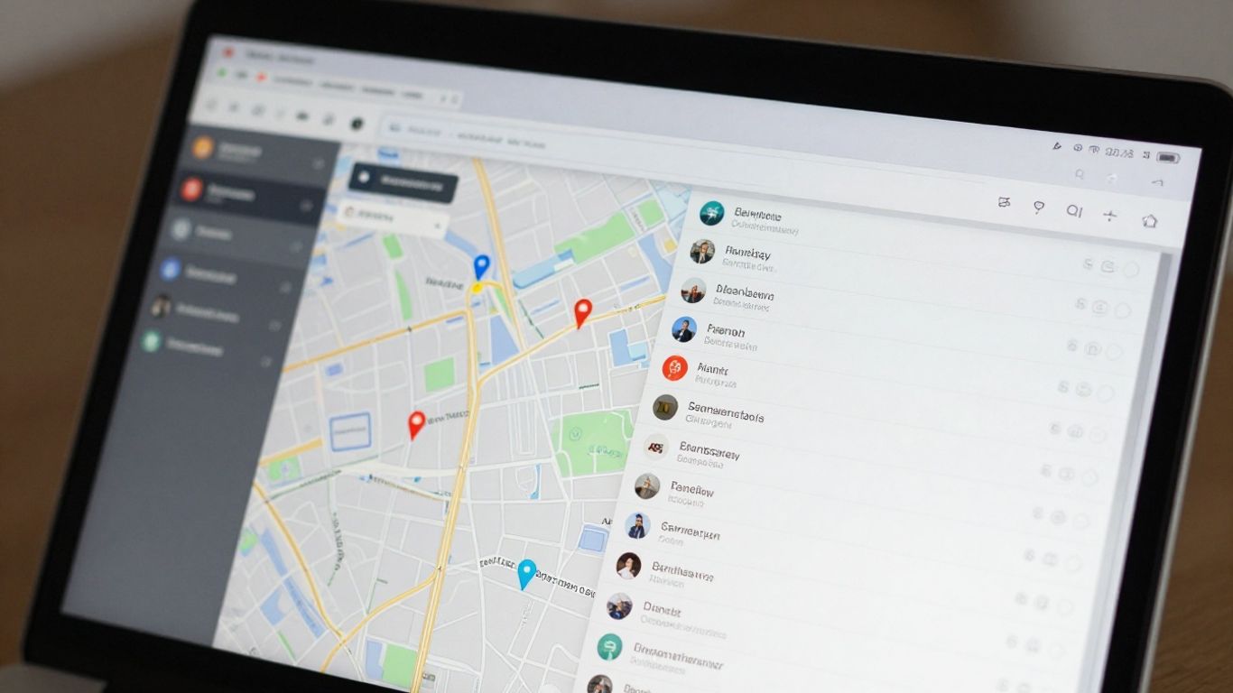 Laptop screen showing Google Maps with business locations.