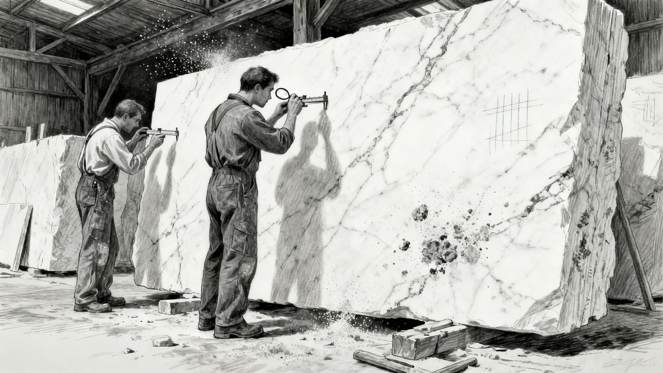 Artisans examining raw marble slabs at a warehouse