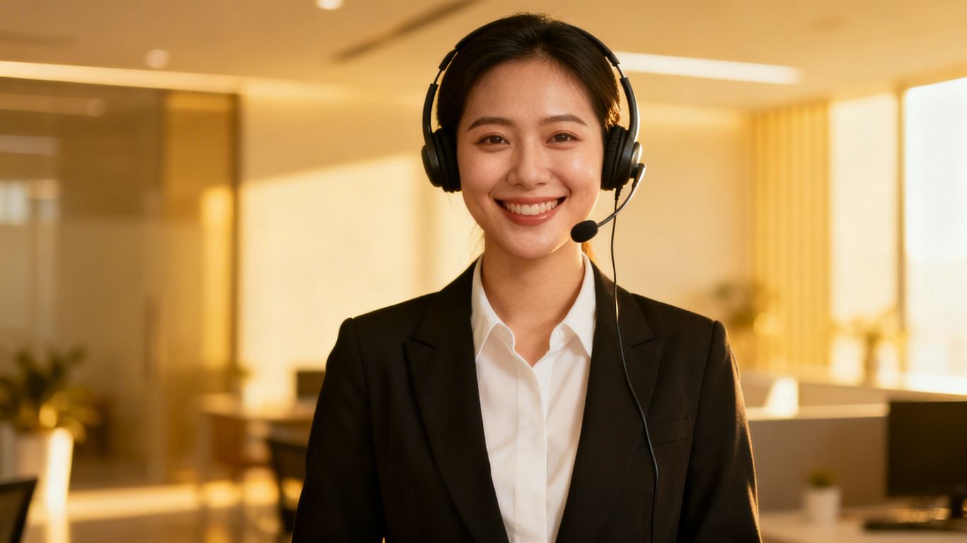 Customer service representative offering help with a smile.