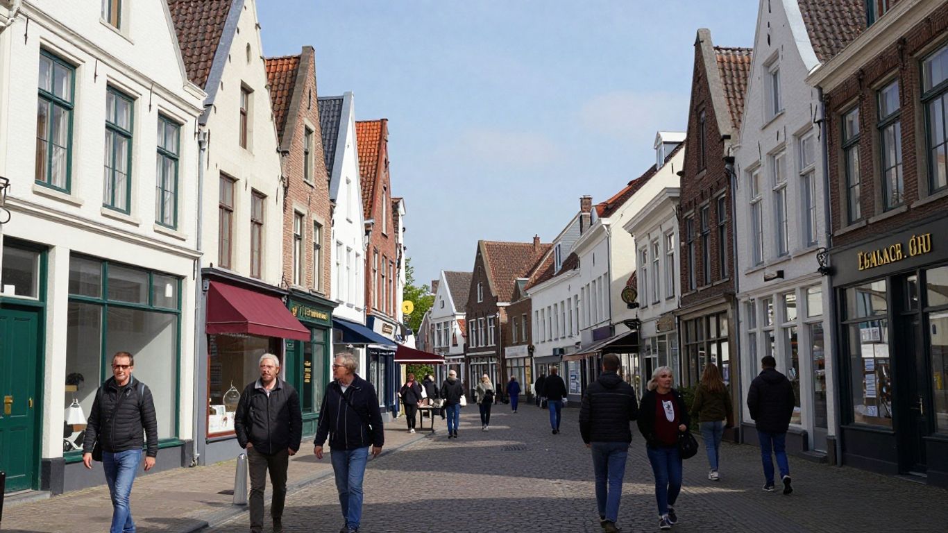 Stadsgezicht van Geleen met levendige straat en gebouwen.
