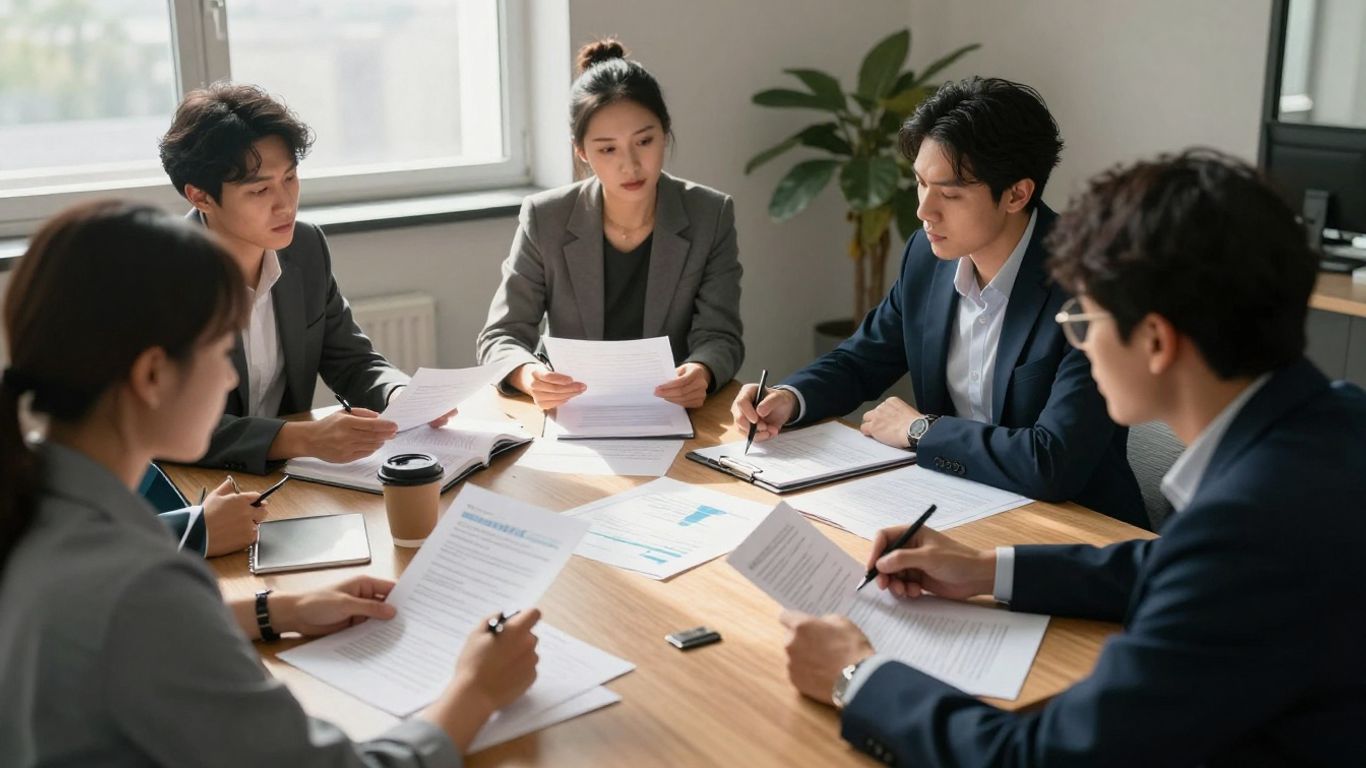 People discussing block funding strategies in an office.