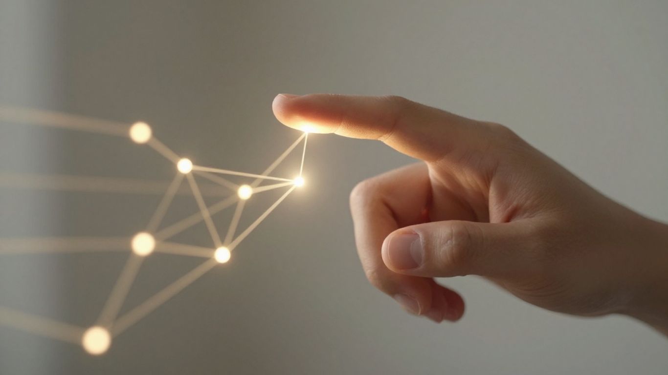 Human hand interacting with a glowing digital network.