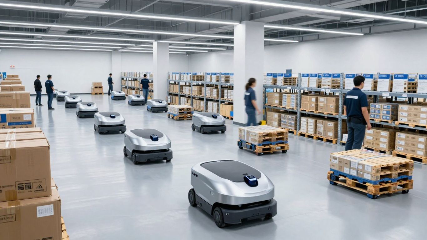 Autonomous robots moving in a busy warehouse.
