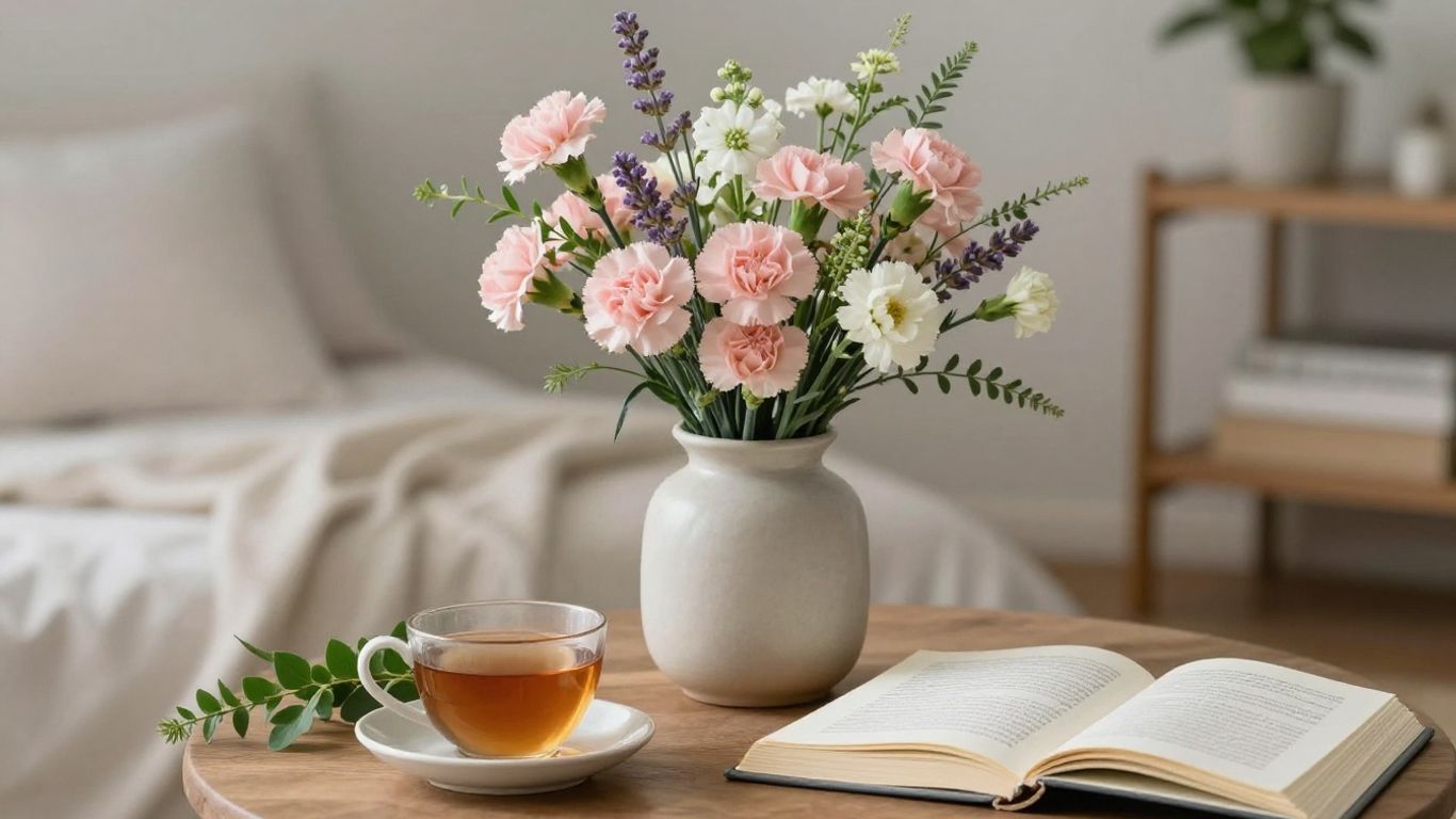 Calm pastel bouquet in a simple ceramic vase