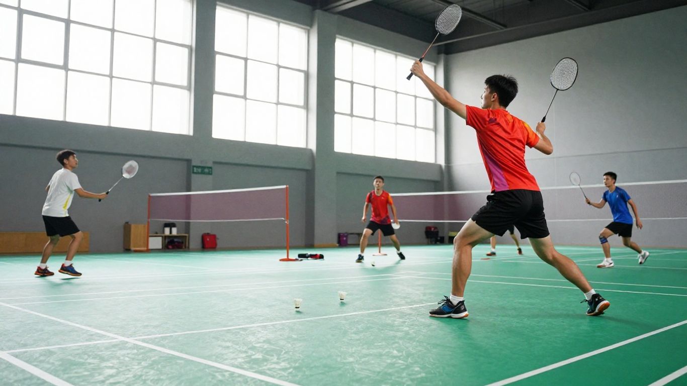 Badminton players in action on a court