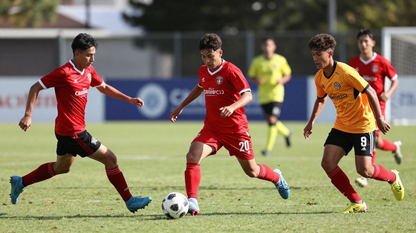 Caloundra Soccer Club players in action on a sunny field.