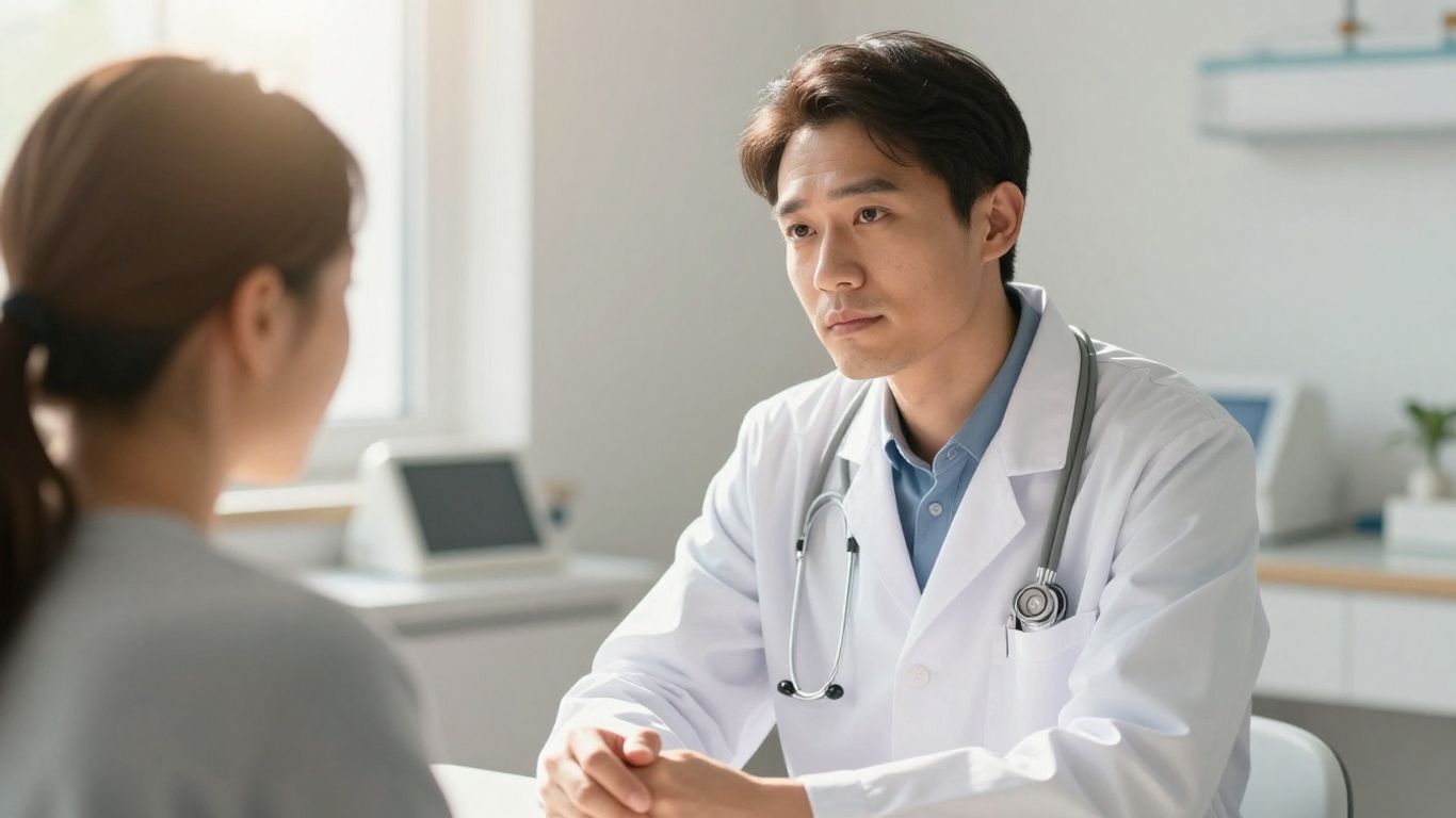 Doctor considering patient in a well-lit examination room.