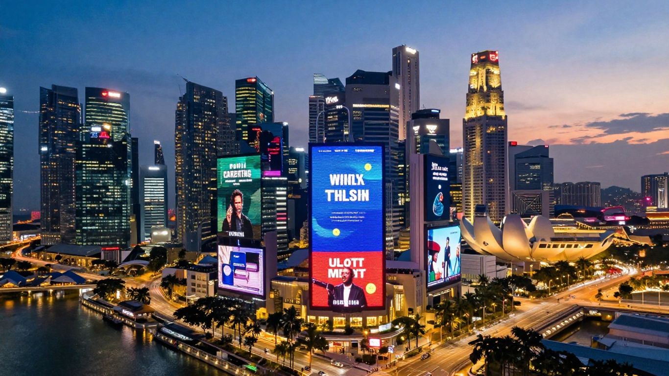 Singapore skyline with digital ad overlays