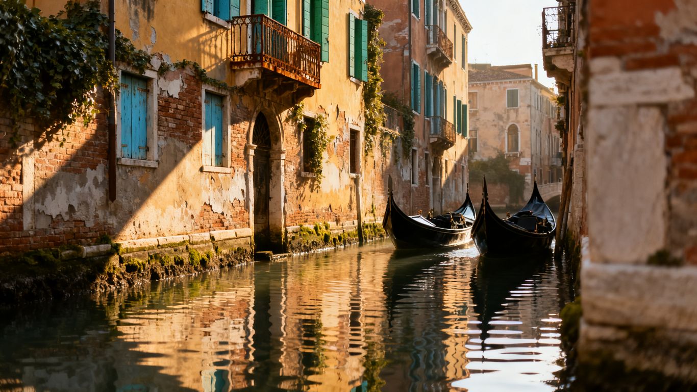 Quiet Venetian canal with gondolas and historic buildings.