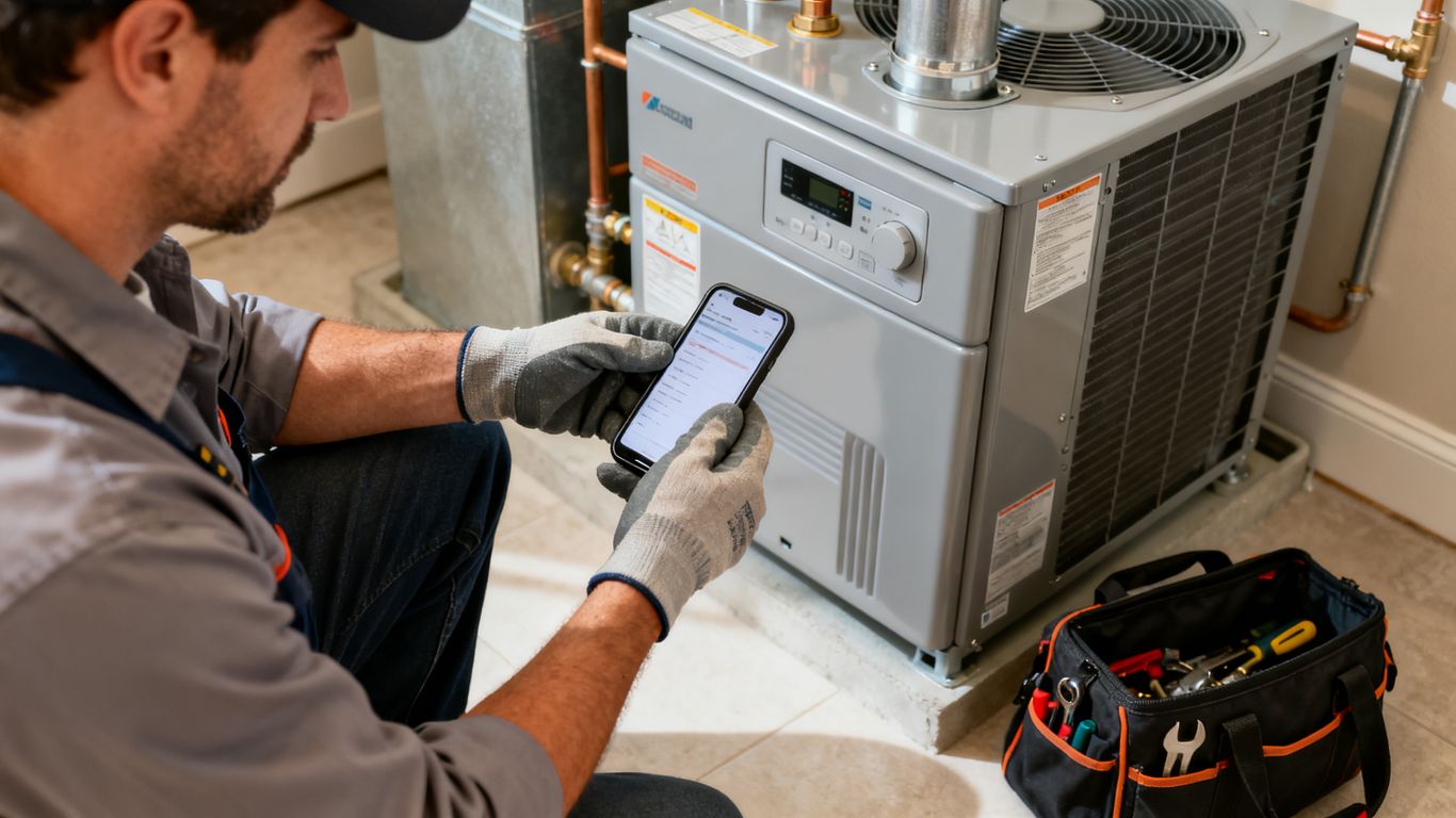 HVAC technician reviewing job details onsite