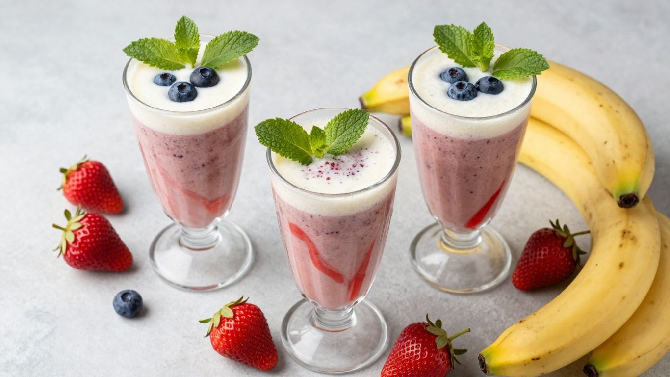 Healthy breakfast smoothies with fresh fruits and garnishes.