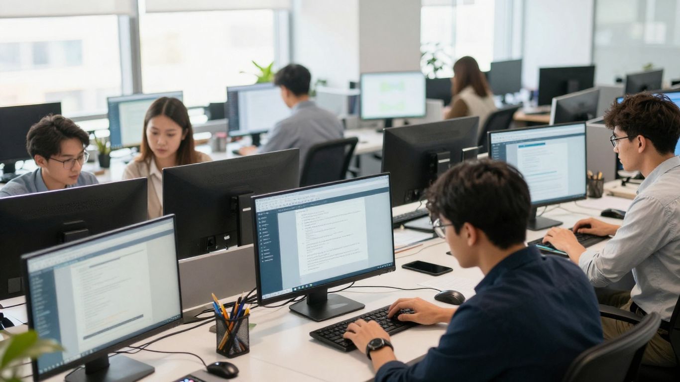 People learning digital marketing on laptops in a bright office.