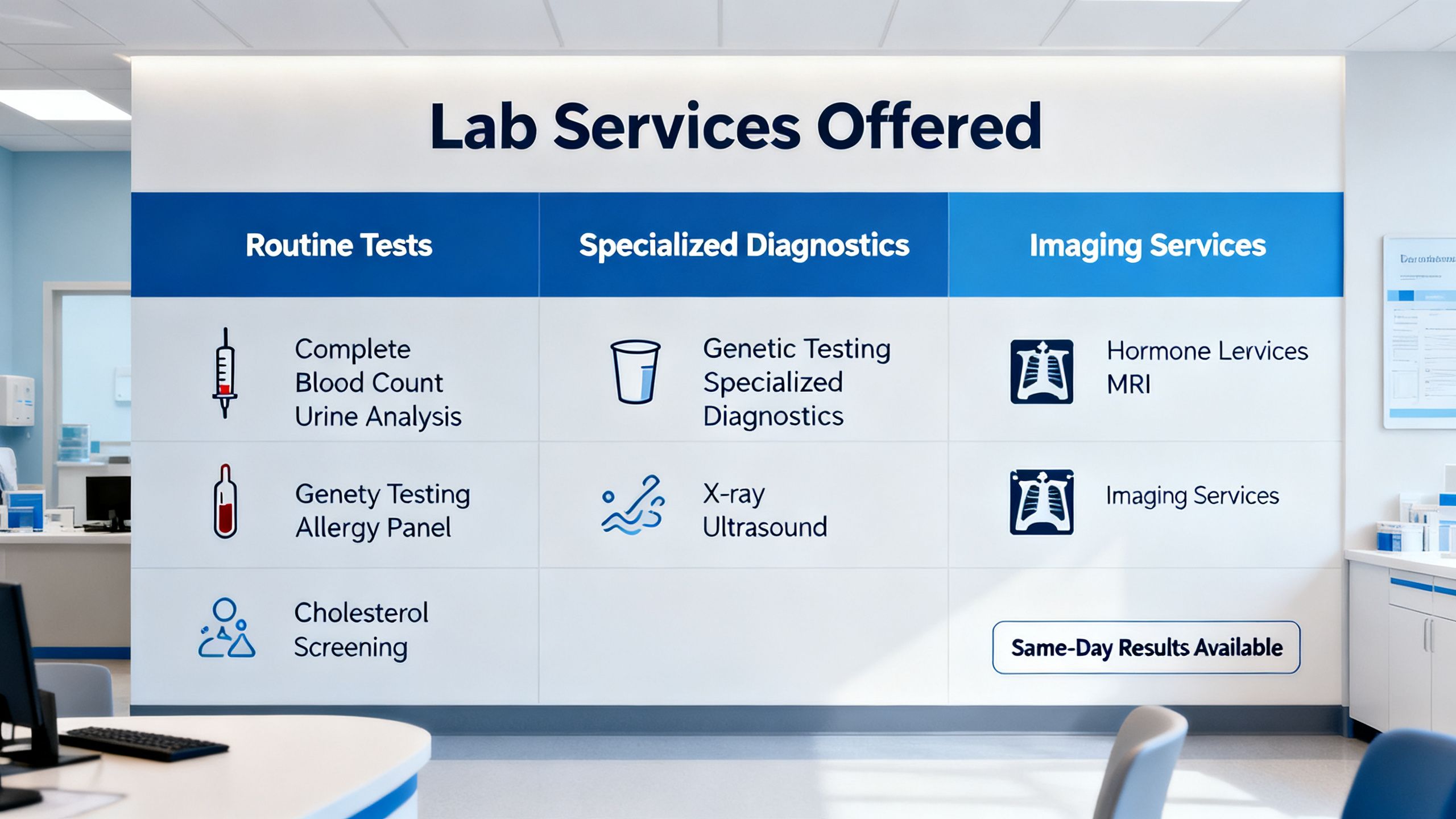 A clear, organized medical office display of lab services