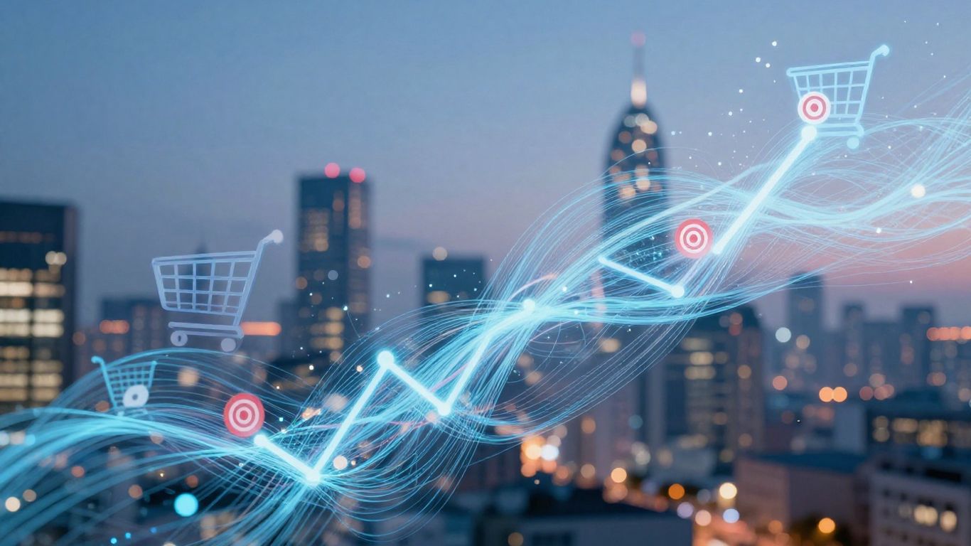 Abstract data streams and shopping cart icons.
