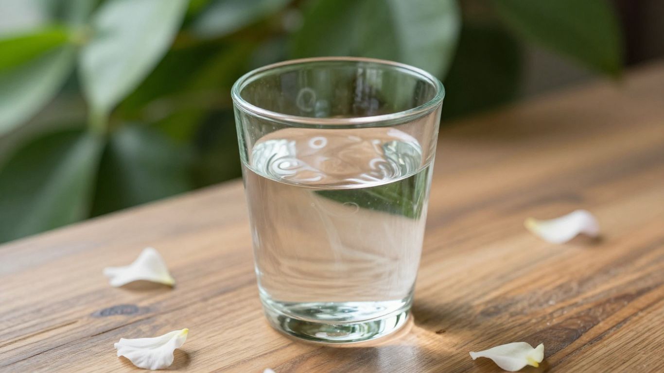 Agua con patrones, hojas verdes y pétalos de flores.