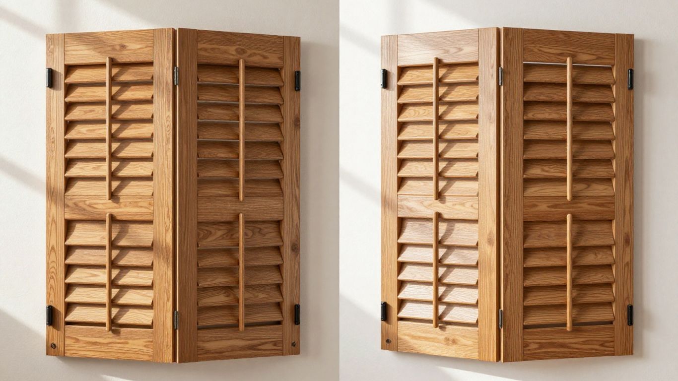 Wood and composite plantation shutters side-by-side.