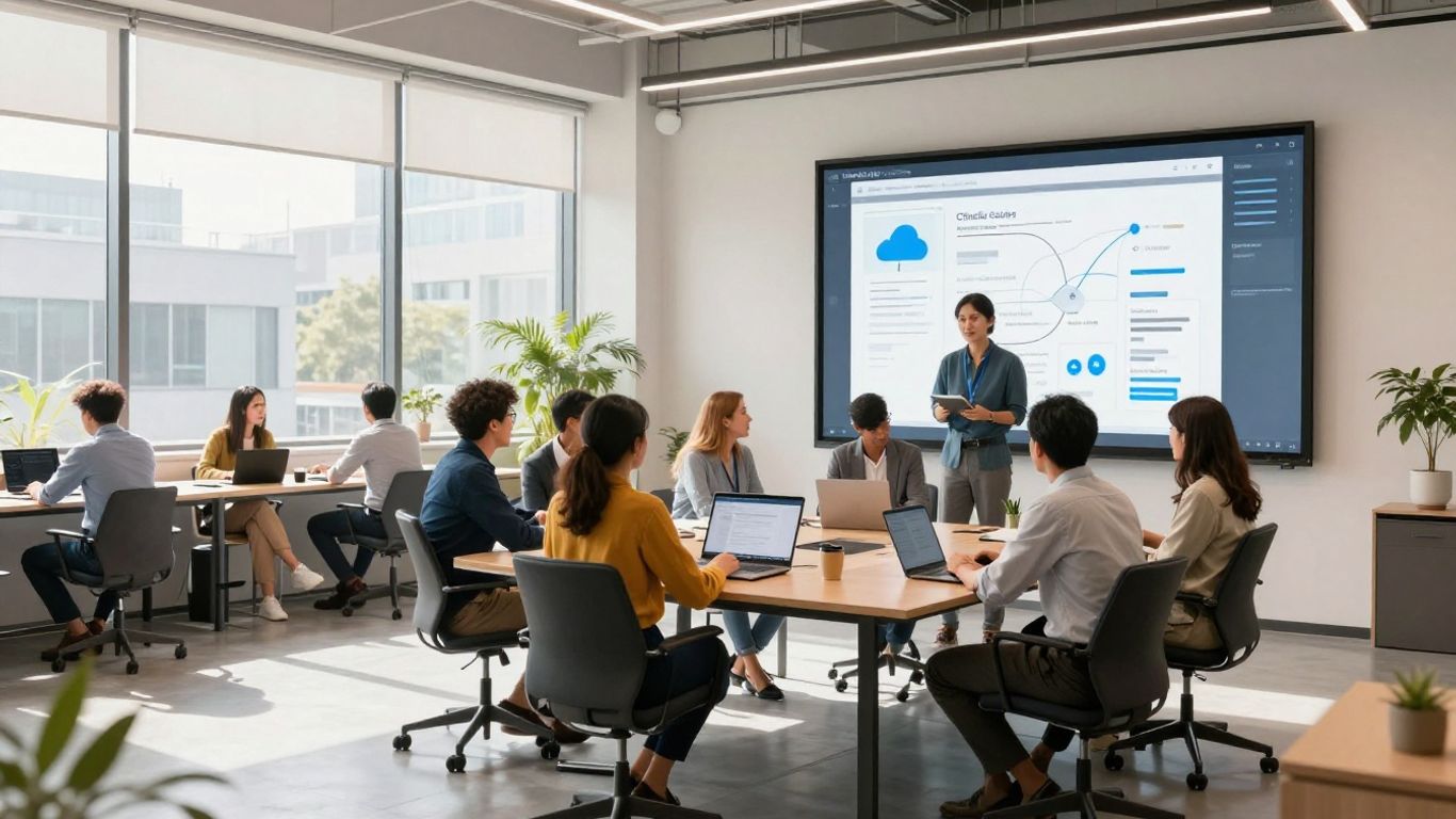 People collaborating in a modern office with a digital interface.
