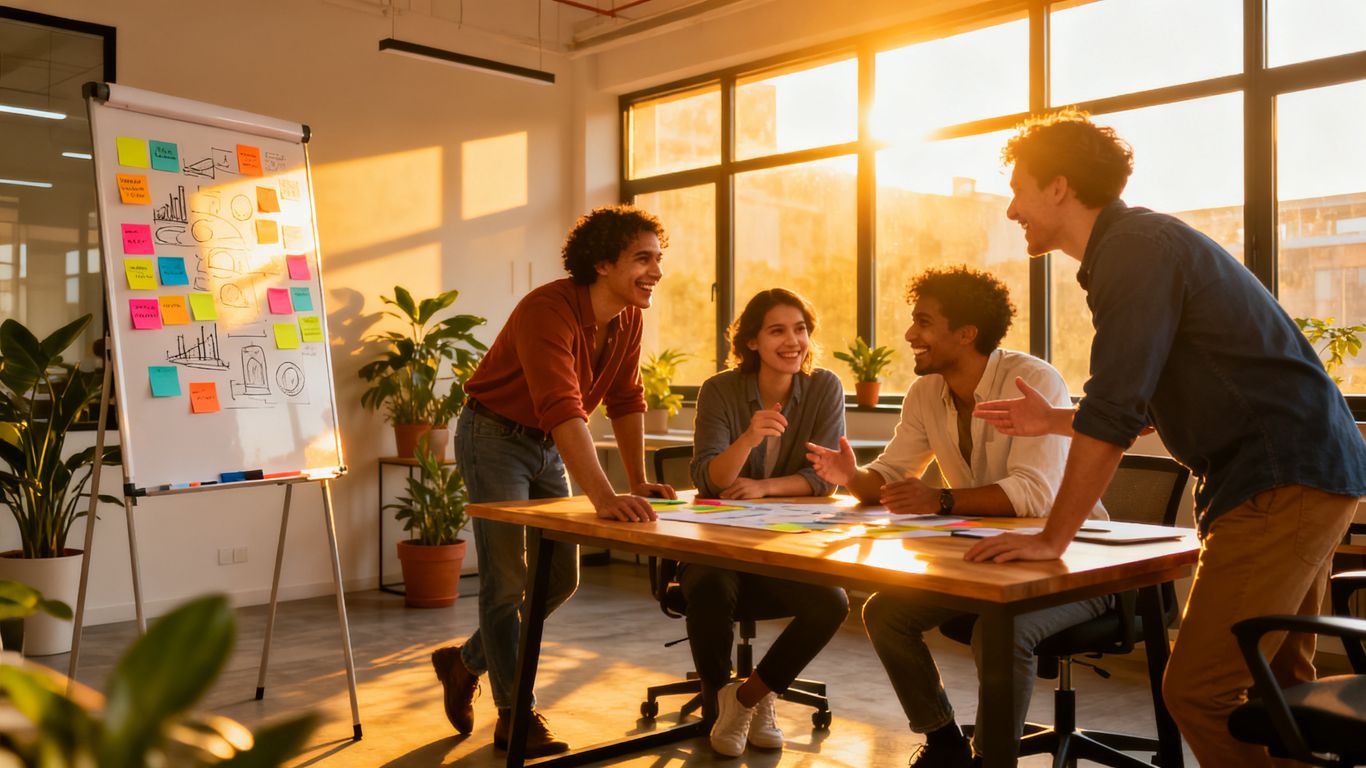 Team brainstorming in a bright, modern office.