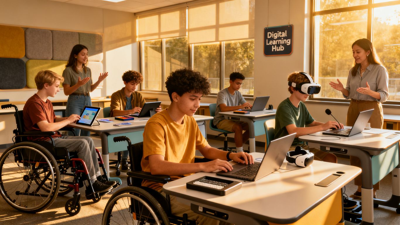 Diverse students learning online with accessible technology.