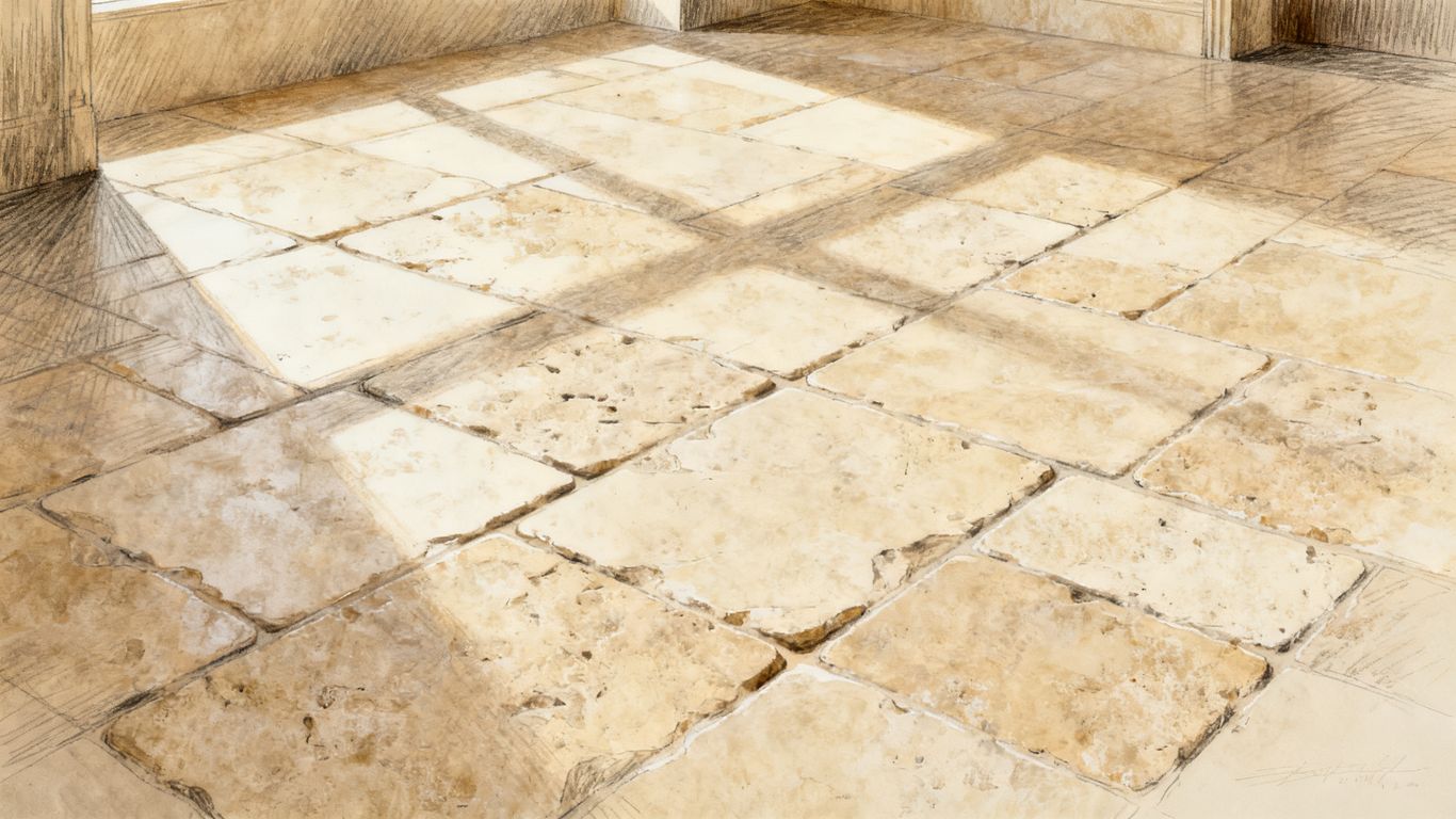 Una perspectiva cercana de baldosín de travertino envejecido texturizado