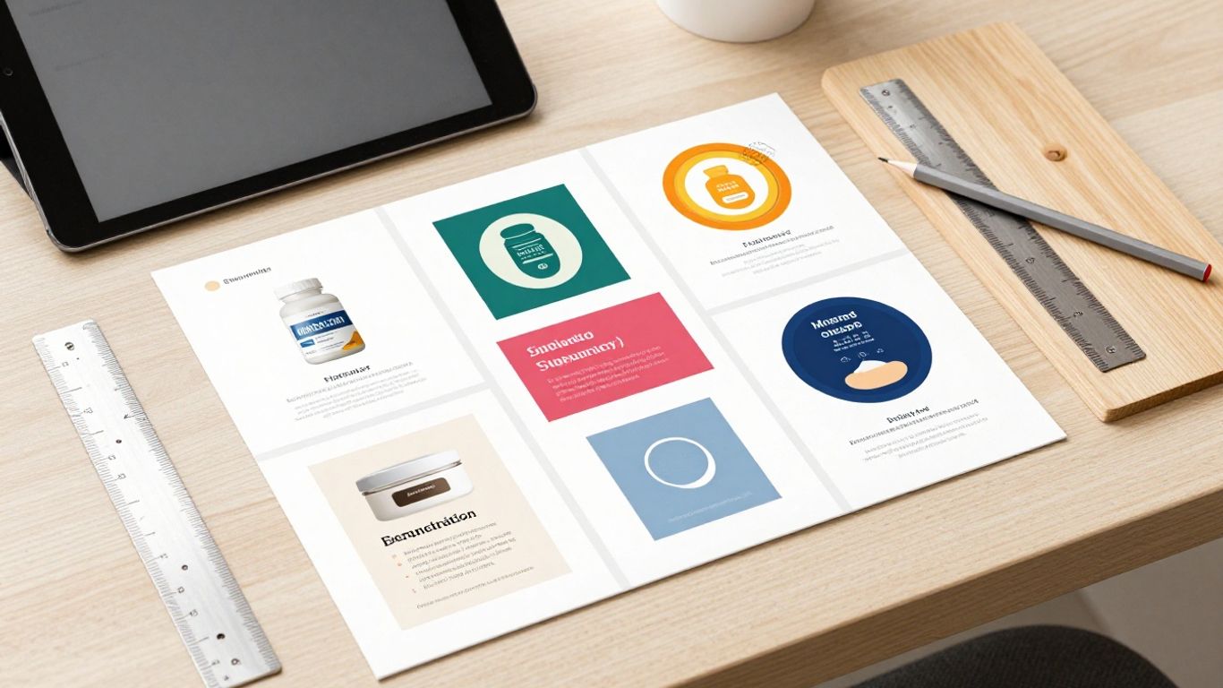 A workspace with custom designed supplement labels