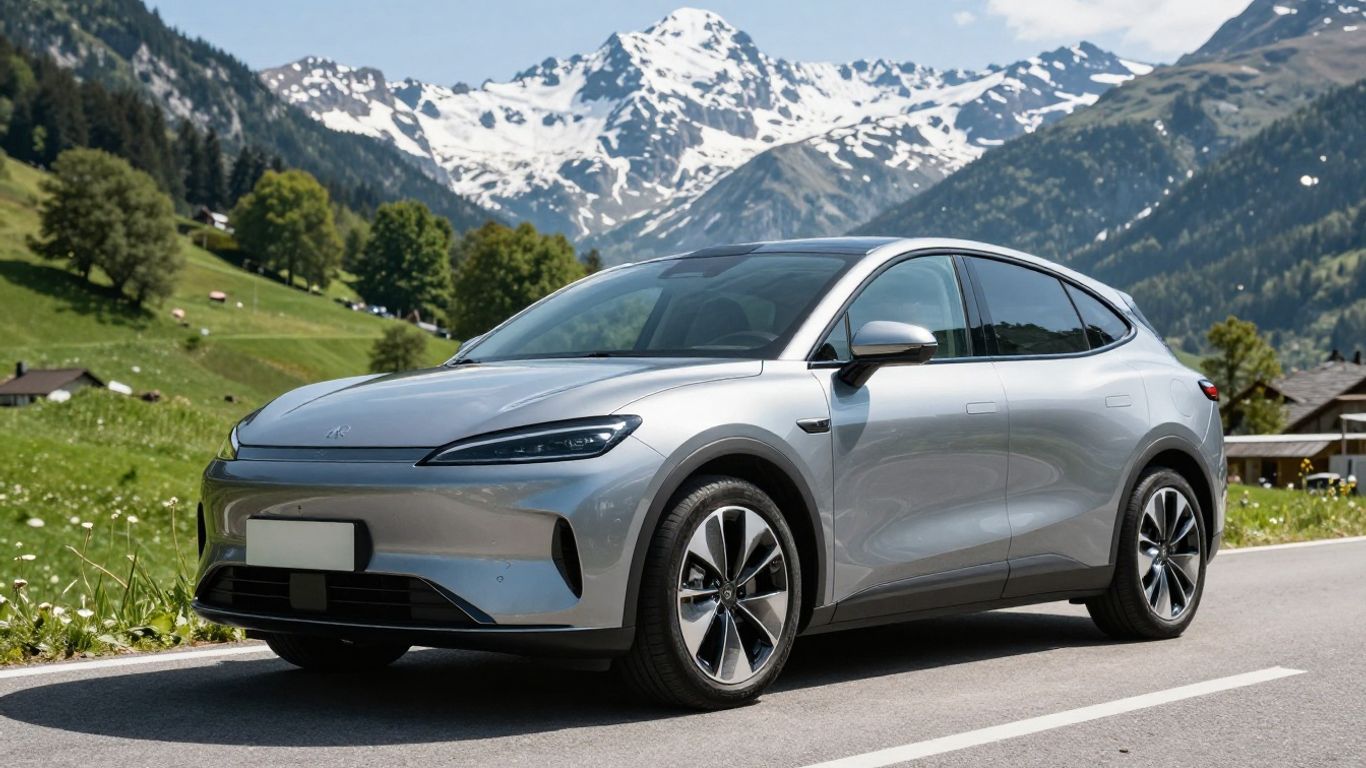 Hybridauto auf Schweizer Bergstraße mit Schneebergen