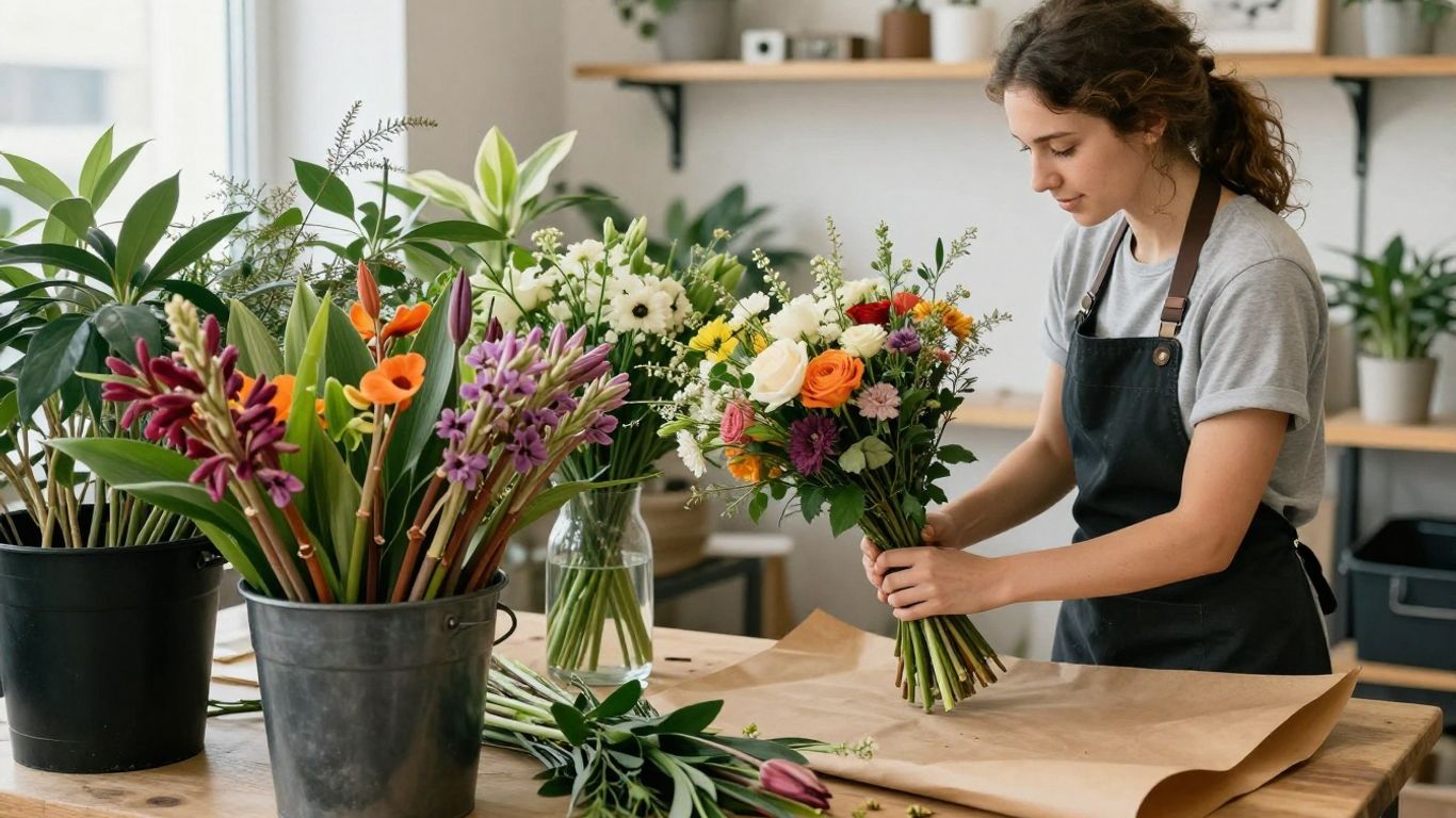 Florist preparing flowers for local delivery