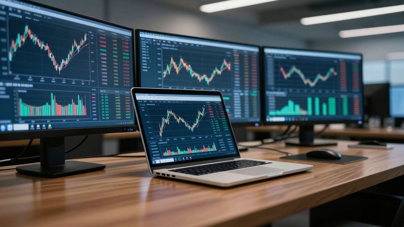 Professional trading desk with financial data displays.