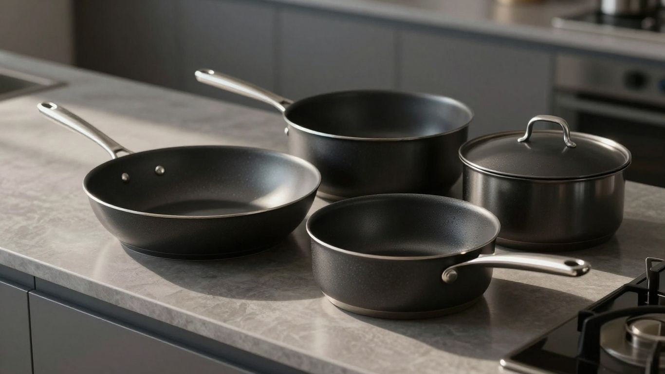 Shiny nonstick pots and pans set on a kitchen counter.