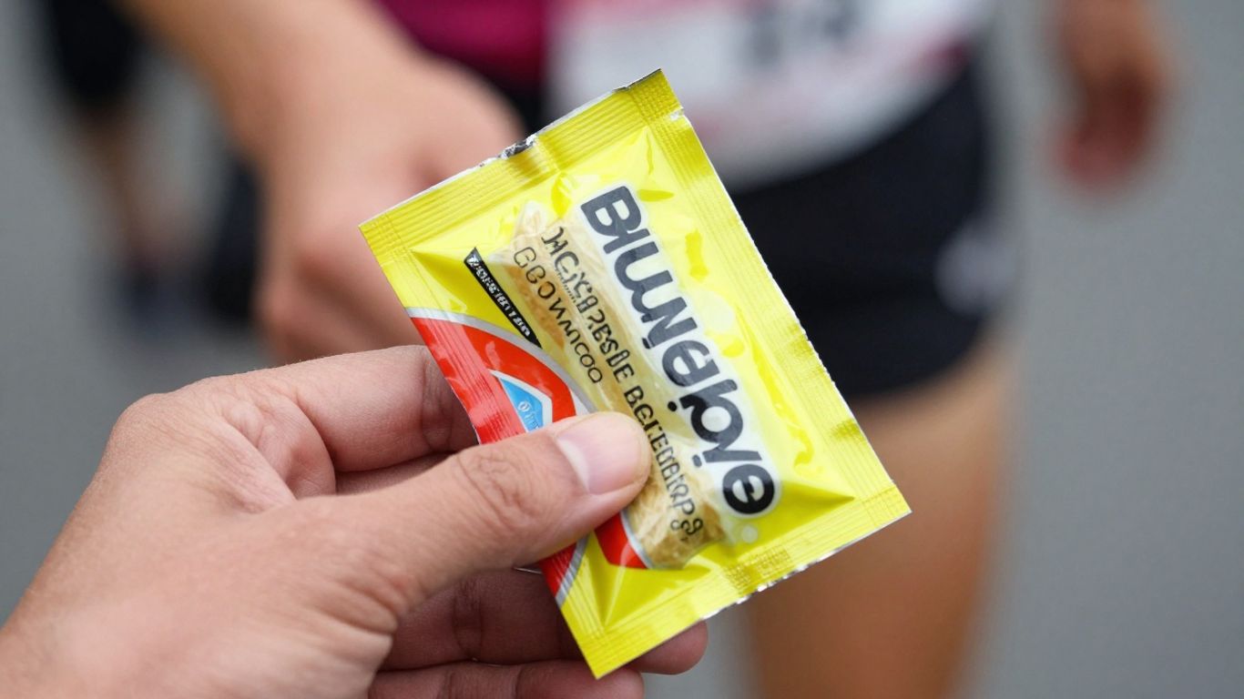 Runner holding an energy gel packet during a marathon.