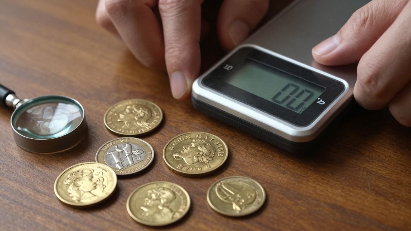 Hands weighing a gold coin on a digital scale