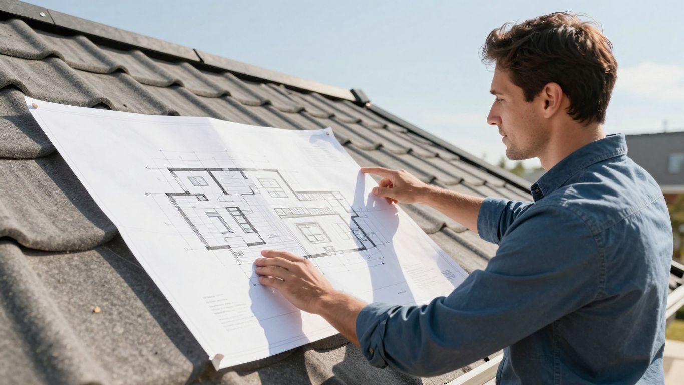 Roofing salesperson discussing house plans with client.