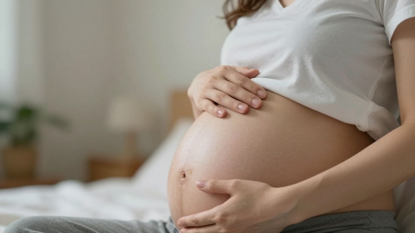 Mujer embarazada acariciando su vientre en la semana 32.