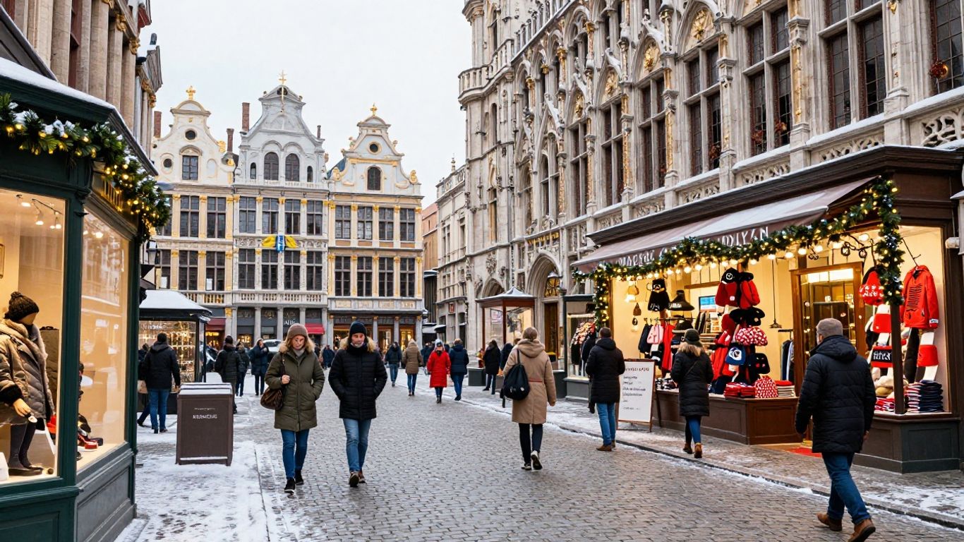 Brusselse straat tijdens winteruitverkoop met sneeuw en winkels.