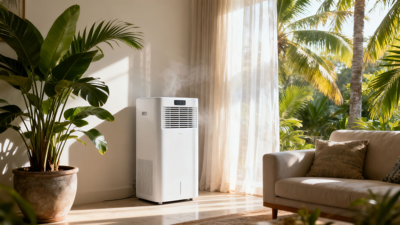 A modern apartment living room with a sleek dehumidifier