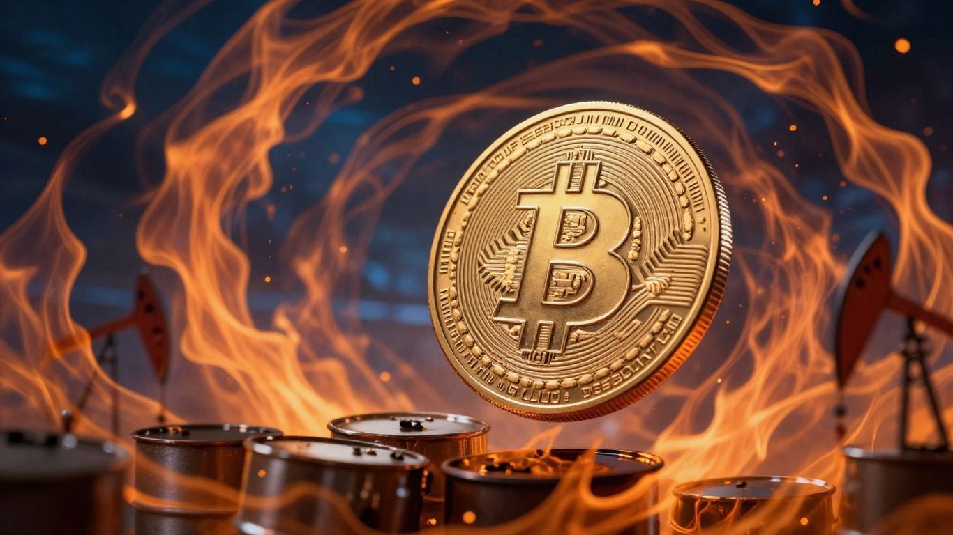 Bitcoin coin above oil barrel with fiery background.