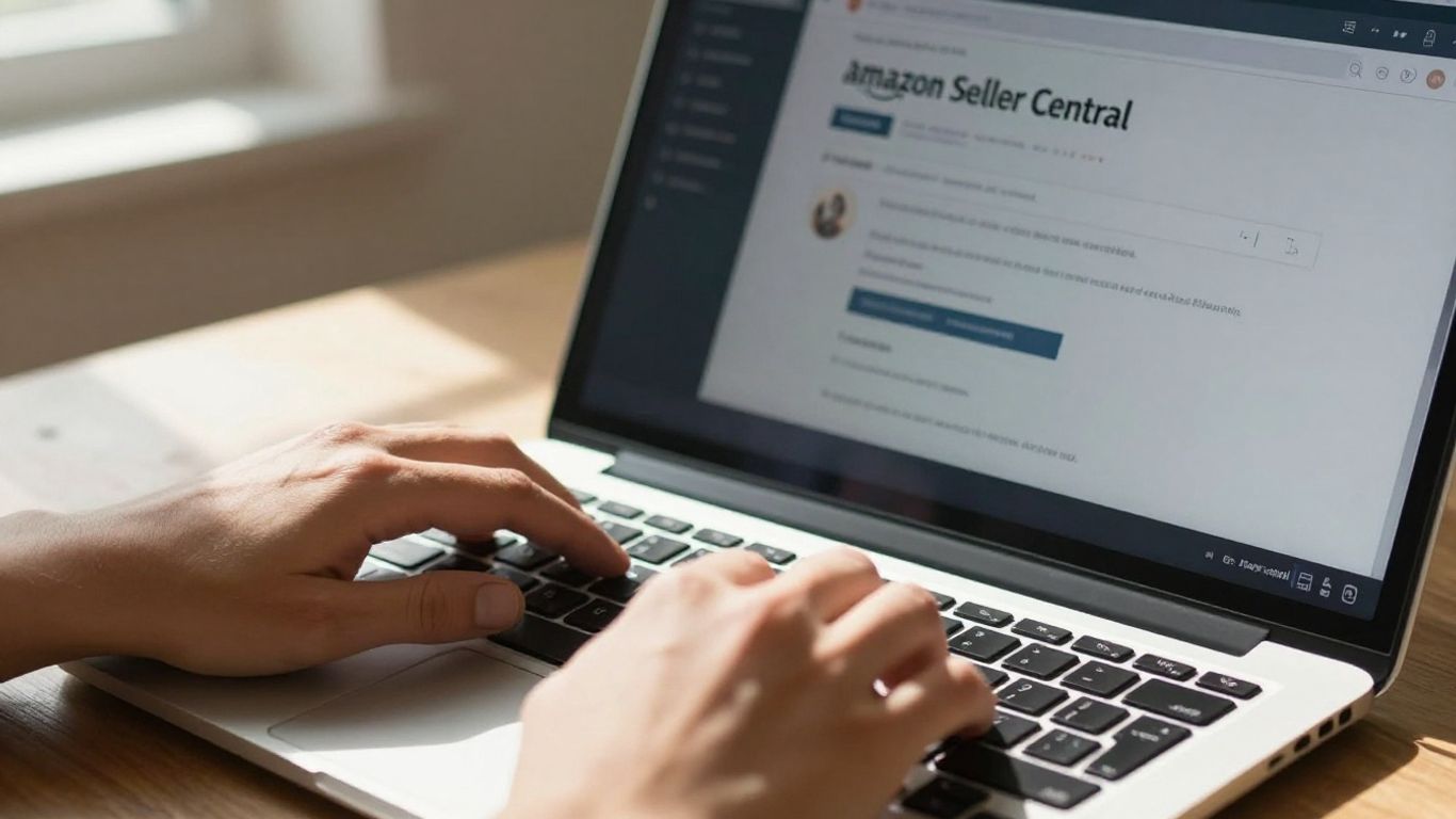 Hands typing on laptop showing Amazon Seller Central