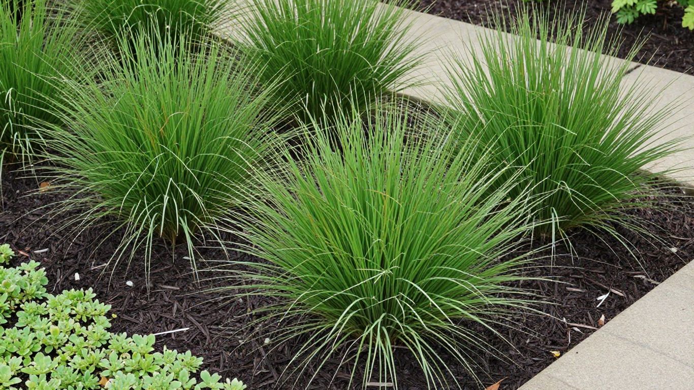Pflegeleichte Pflanzen in einem sonnigen Gartenbeet mit Mulch.