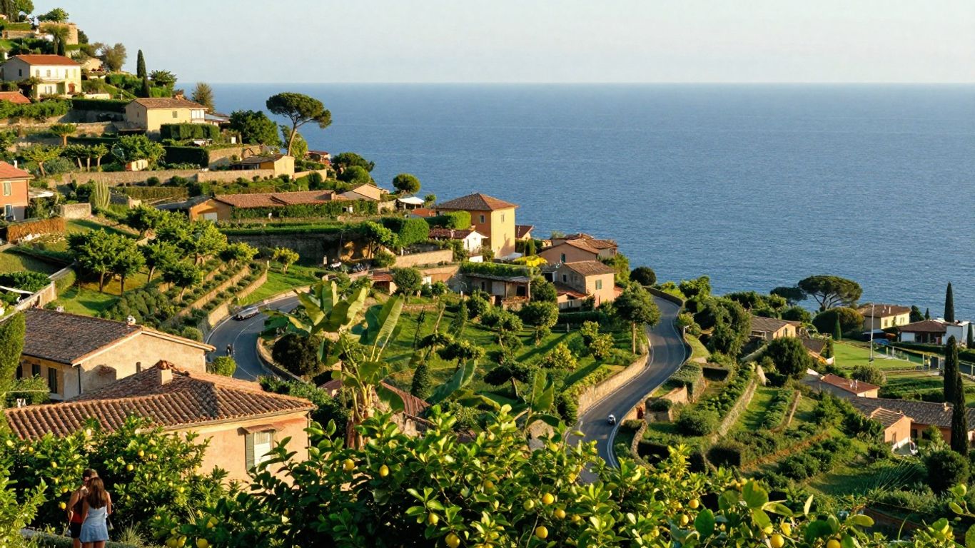Italian coastline and countryside in golden light