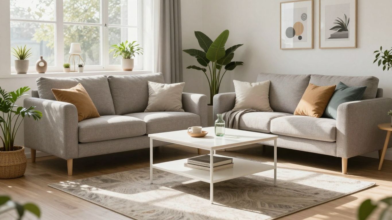 Salon IKEA cosy avec mobilier stylé et lumière naturelle.