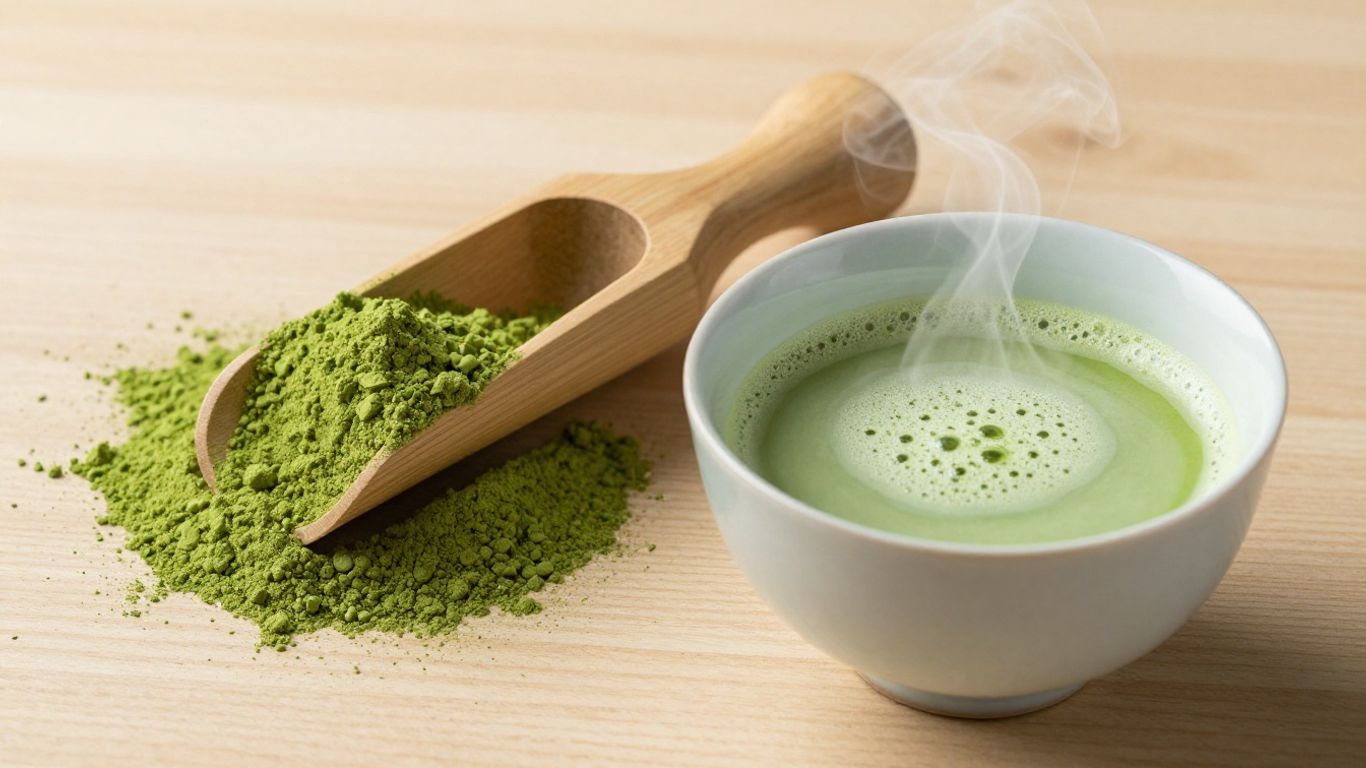Matcha powder and a bowl of matcha tea.