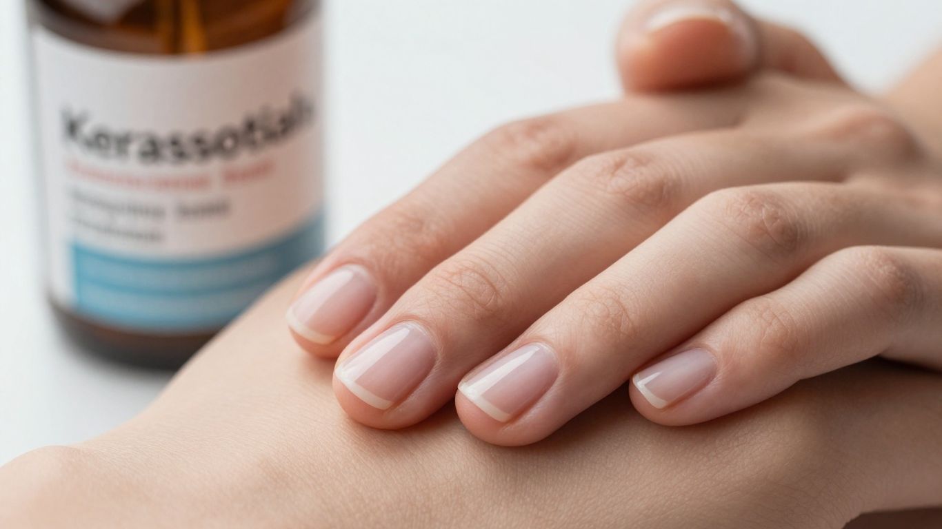 Healthy nails and skin with Kerassentials bottle.
