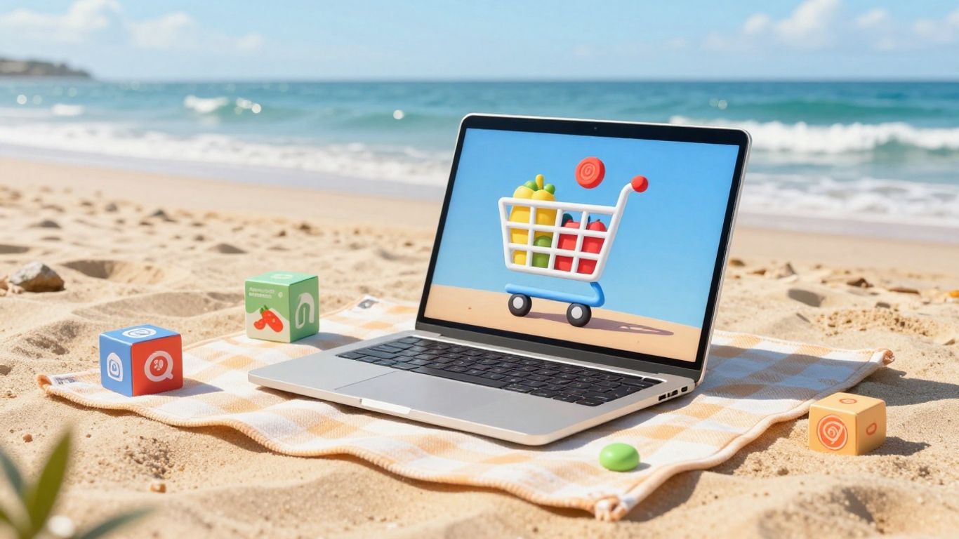 Australian beach with laptop and online shopping elements.