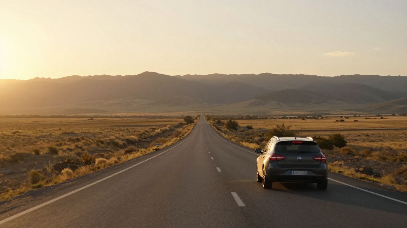 Car on a scenic highway during sunset.