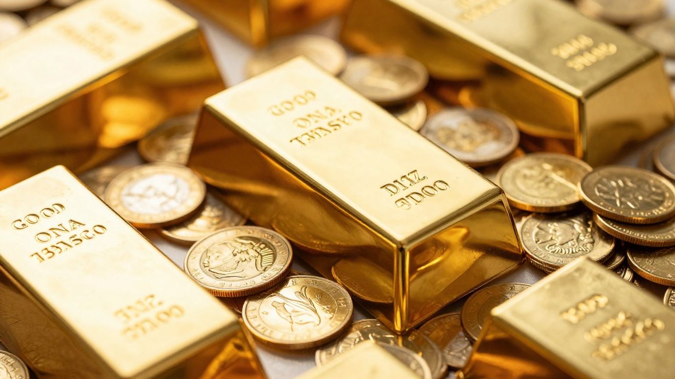 Lingots et pièces d'or brillants sous la lumière.