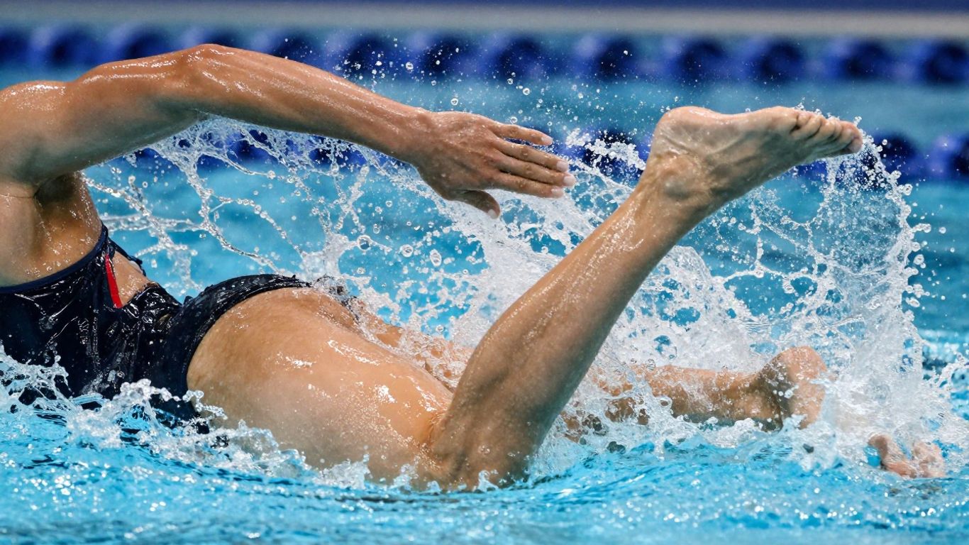 Swimmer's powerful leg kick underwater, water splashing.
