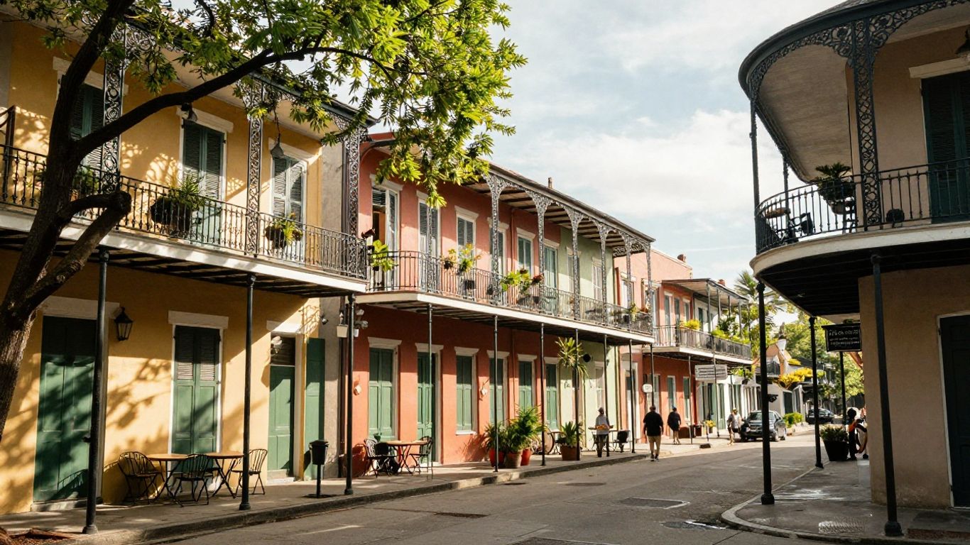 New Orleans street balcony above a lively neighborhood corner